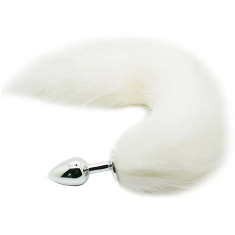 Pure White Artificial Wool Faux Fox Tail Stainless Steel Fluffy Metal