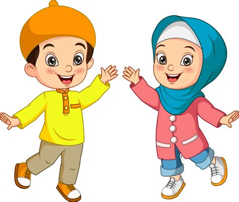 Happy Muslim Boy And Girl Cartoon 7179121 Vector Art At Vecteezy