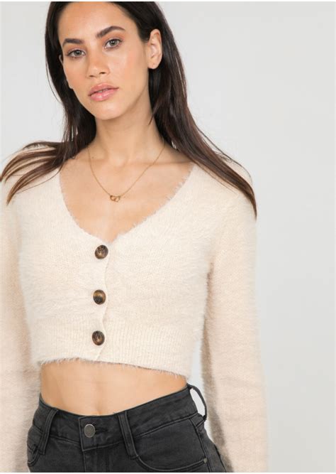 Fluffy cropped cardigan in beige - OUTFITBOOK