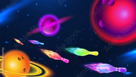 Vector Illustration Of A Cosmic Bowling Planet Space Bowling Pins And