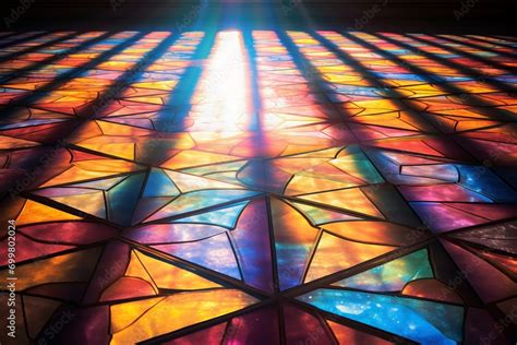 Rays Of Bright Sun Pass Through Colored Stained Glass Reflection On The Floor From Colored