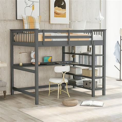 Veryke Full Size Rubber Wood Loft Bed With Open Storage Shelves And