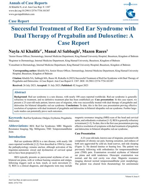 Pdf Successful Treatment Of Red Ear Syndrome With Dual Therapy Of Pregabalin And Duloxetine A