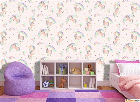 Rainbow Unicorn Wallpaper Girls Bedroom Glitter Sparkle Pale Pink