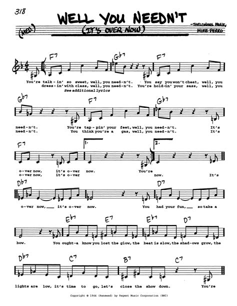Well You Needn't (It's Over Now) (Low Voice) by Thelonious Monk Sheet