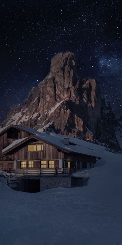 Download 1080x2160 Wallpaper House And Mountain Night Winter Honor