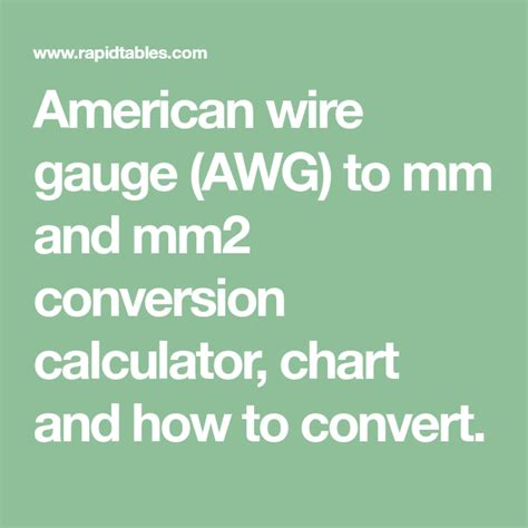 American Wire Gauge Awg To Mm And Mm2 Conversion Calculator Chart