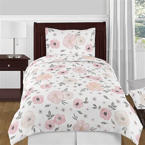 Sweet Jojo Designs Watercolor Floral Comforter Set In Pinkgrey Bed