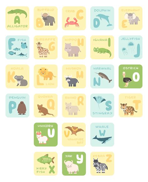 Cute English Alphabet Cards With Cartoon Animals Vector Zoo