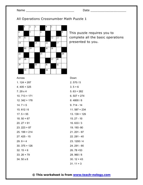 Free math puzzle worksheets for sports, games for preschool, kindergarden, 1st grade, 2nd grade, 3rd grade, 4th grade and 5th grade. All Operations Crossnumber Math Puzzle