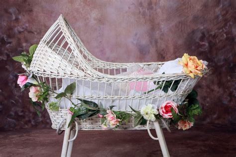 Flowered Baby Bassinet Stock Image Image Of Wicker Soft 13048703