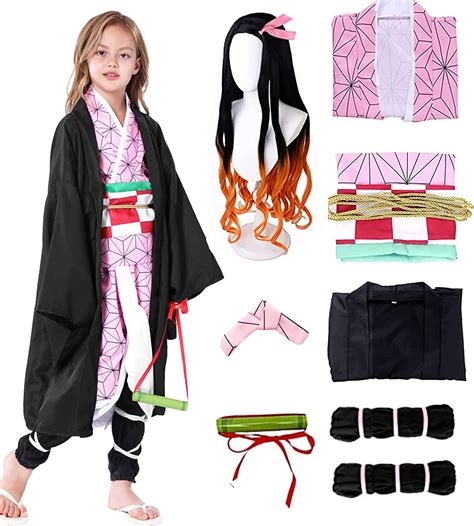 Heionia 9pcs Nezuko Cosplay Déguisement Enfants Nezuko Costume Kimono