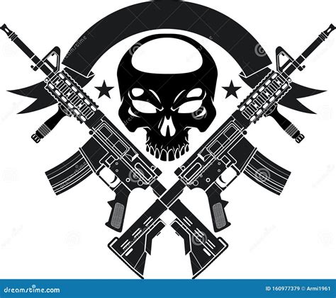 Human Skull With Crossed Assault Rifles And Banner Stock Vector