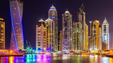 Dubai City Of Skyscrapers Tall Buildings Night Light Port Yachts