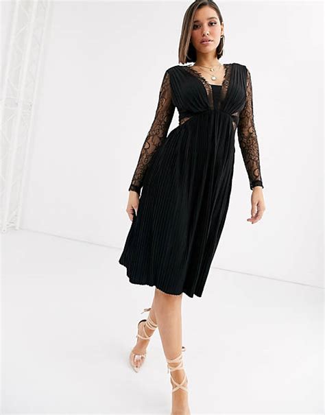 Asos Design Lace And Pleat Long Sleeve Midi Dress In Black Asos