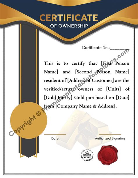 Certificate Of Ownership For Gold For People PDF Editable HQ Png Certificate Templates