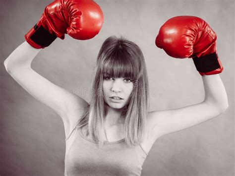 Woman Wearing Boxing Gloves Stock Image Image Of Gray Gloves 124507553