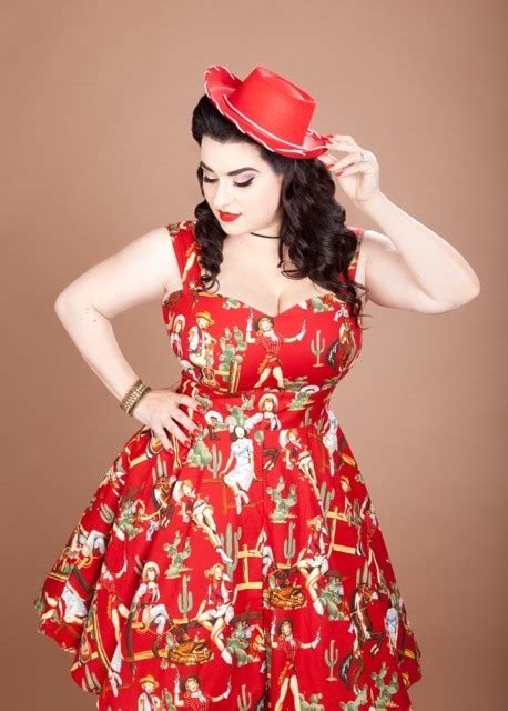 Summer Vintage 50s Pinup Red Cowgirl Print Sweetheart Neckline Swing