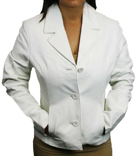 Womens Soft Genuine White Leather Short Buttons Closure Fitted Jacket