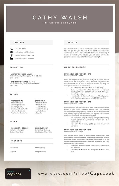 Your name and contact details go on top, followed by a personal statement, experience, education, and skills. 1 Page Resume Template | Modern and professional cv ...