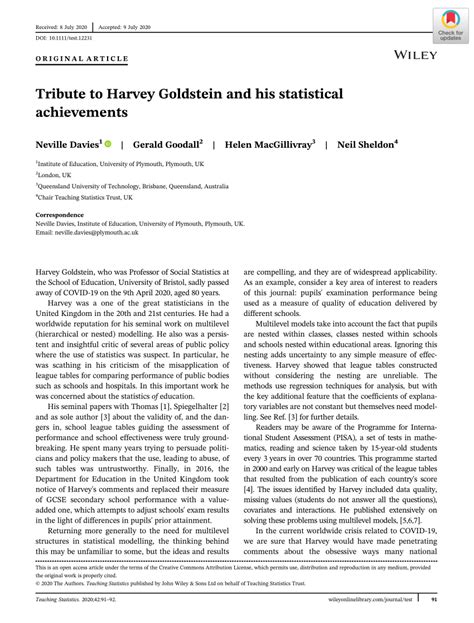 Pdf Tribute To Harvey Goldstein And His Statistical Achievements
