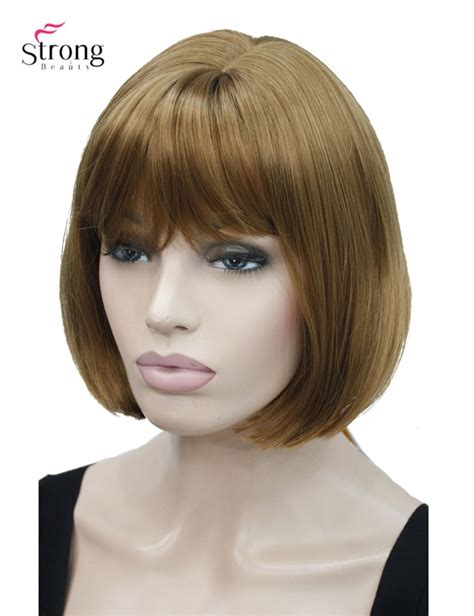 Short Bob Strawberry Blonde With Bangs Full Synthetic Wig In Synthetic