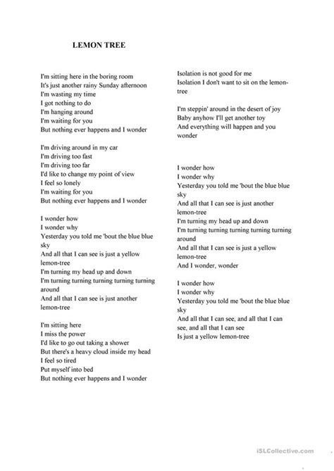 I'm sitting here in a boring room it's just another rainy sunday afternoon i'm wasting my time, i go. Lemon Tree Lyrics - English ESL Worksheets for distance ...