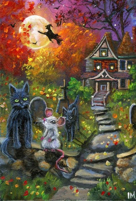 Aceo Original Halloween Cats Mouse Witch House Miniature Painting By Im