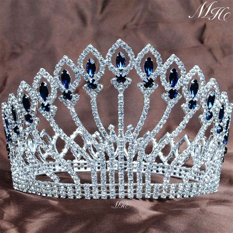 Large Full Round Crowns 5 Clear Blue Rhinestones Tiaras Pageant Party
