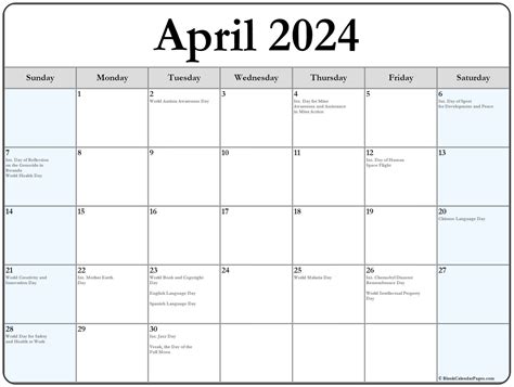 April With Holidays Calendar