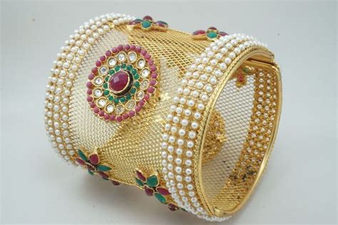 Indian Bollywood Gold Pearl Polki Bridal Bangles Bracelet Kada Chuda Set Jewelry Bridal