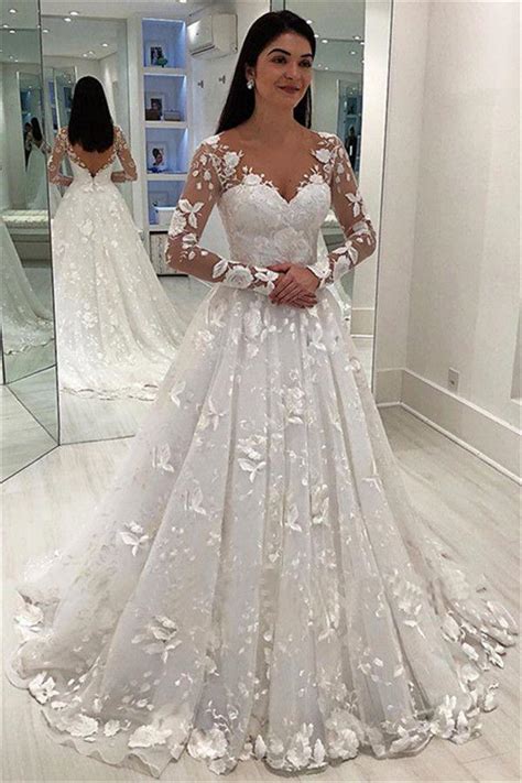 Feel yourself as a queen in. Unique Appliques V-Neck A-Line Long Sleeves Wedding Dress ...