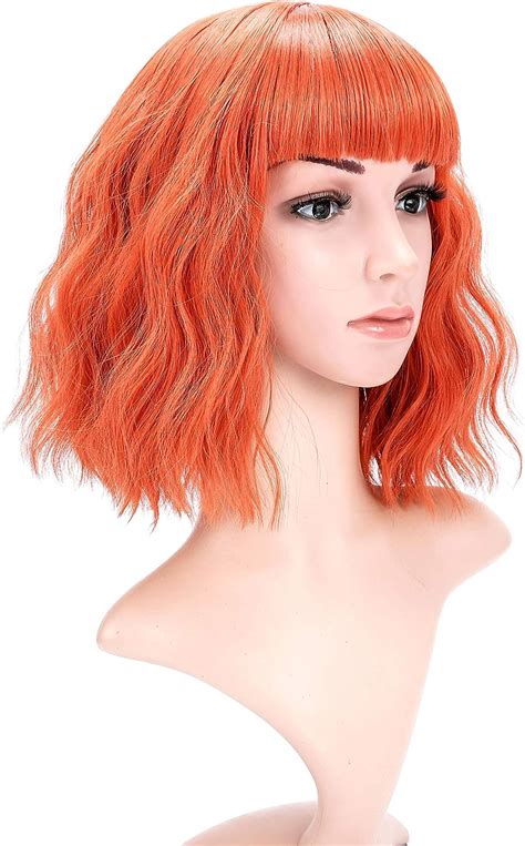 Orange Vckovcko Short Bob Wigs Pastel Wavy Wig With Air Bangs Women S Shoulder Length Wigs