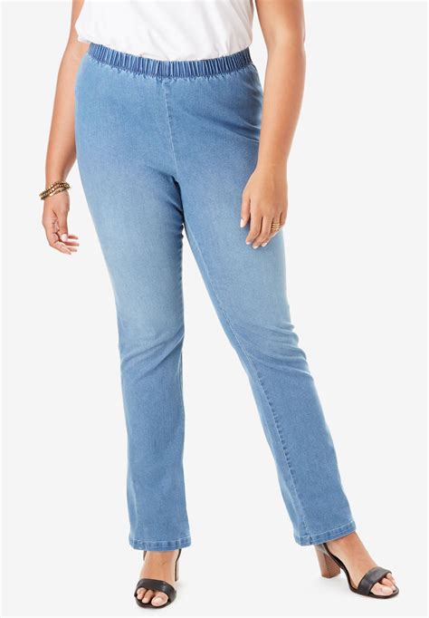 Straight Leg Pull On Stretch Denim Jean By Denim 247® Plus Size