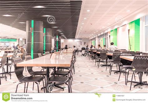 Modern Interior Of Cafeteria Or Canteen With Chairs And Tables Stock