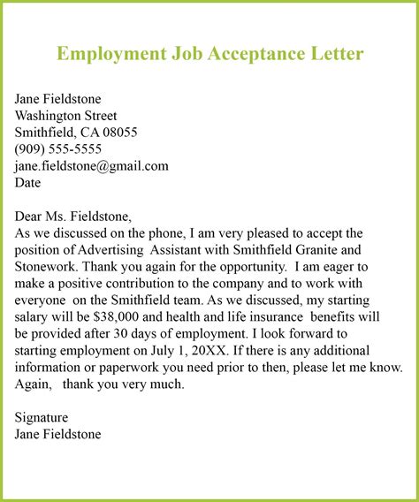 job acceptance letter template examples samples