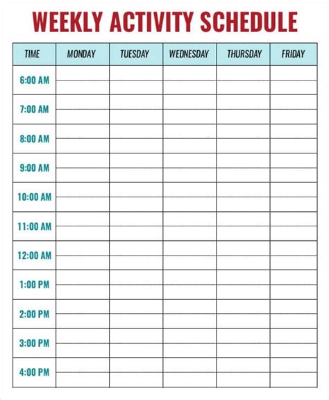 Weekly Activity Schedule Template 8 Free Sample Example Format Download