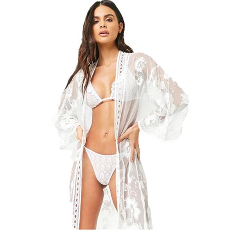 2020 sexy women floral lace robes summer long sleeve mesh see through robe ladies bathrobe cover
