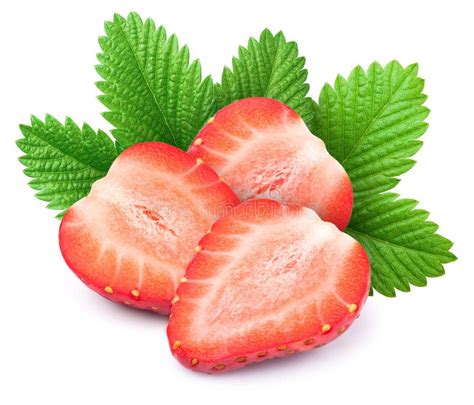 Three Sliced Strawberries With Leafs Isolated Stock Image Image Of