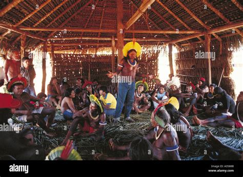 A Ukre Village Brazil Kayapo Chief Raoni Speaking To A Gathering Of Chiefs Xingu Para State