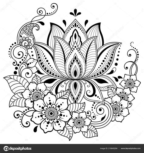 Mehndi Lotus Flower Pattern Henna Drawing Tattoo Decoration Ethnic