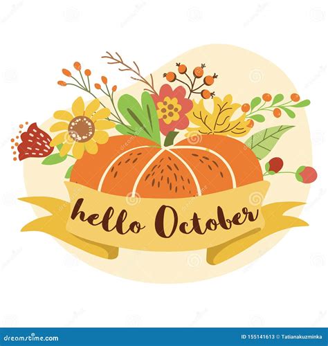 Hello October Text Autumn Design Template Print With Orange Pumpkin