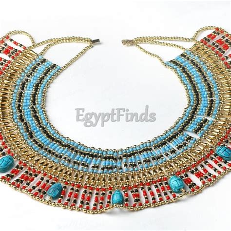 Large Egyptian Beaded Cleopatra Necklace Collar With 9 Scarabs Etsy