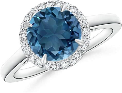 Round London Blue Topaz Cathedral Ring With Diamond Halo In 14k White