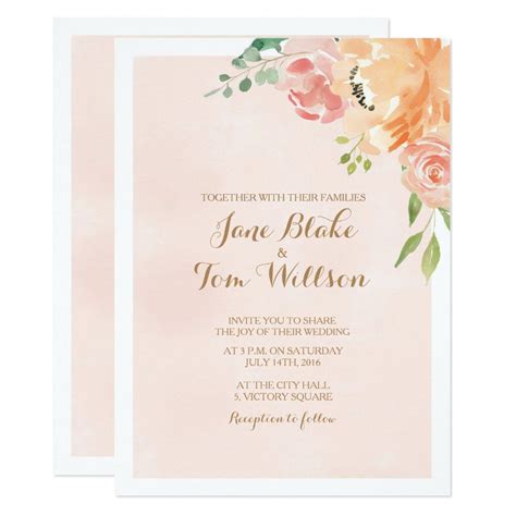 Elegant Peach Flower Watercolor Wedding Invitation