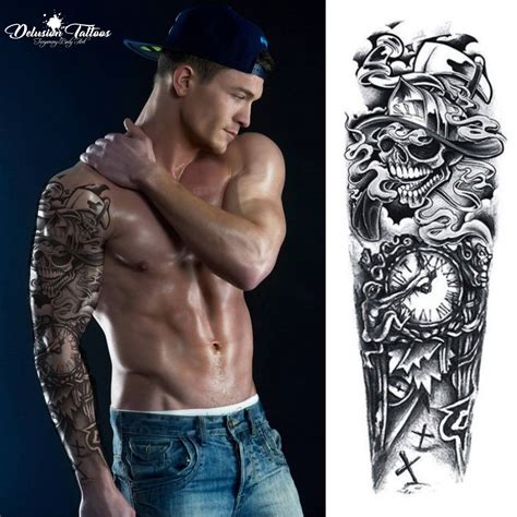 Full Arm Sleeve Temporary Tattoo Fireman Skull Living On Borrowed Time Design Fake Tattoo