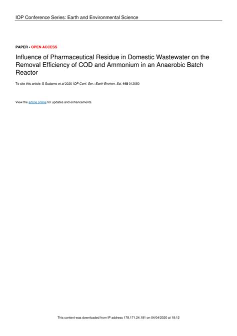 PDF Influence Of Pharmaceutical Residue In Domestic Wastewater On The