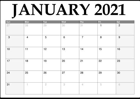 Free monthly printable calendar, templates and holidays. January 2021 Calendar to Print - Free Printable 2021 ...