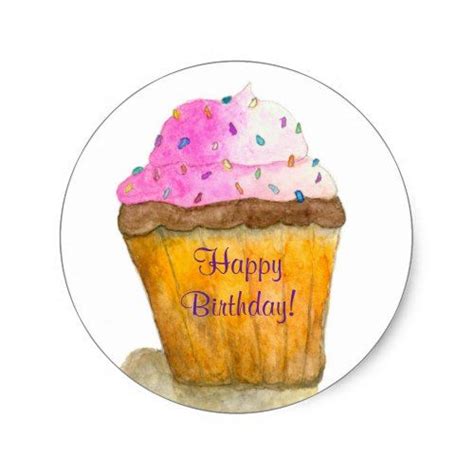 Happy Birthday Watercolors Pink Cupcake Sprinkles Classic Round