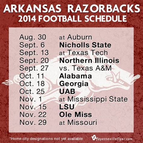 College football team page for arkansas razorbacks provided by vegasinsider.com, along with more ncaa football information for your sports gaming and betting needs. 2014 Arkansas Razorbacks football schedule set ...